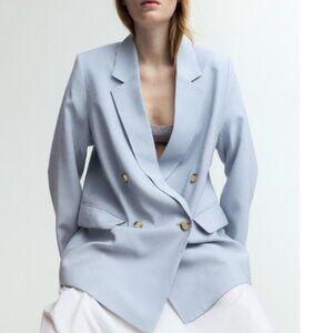 H&M Double Breasted Blazer Plus Size 4XL Light Blue Boyfriend Jacket Viscose NEW